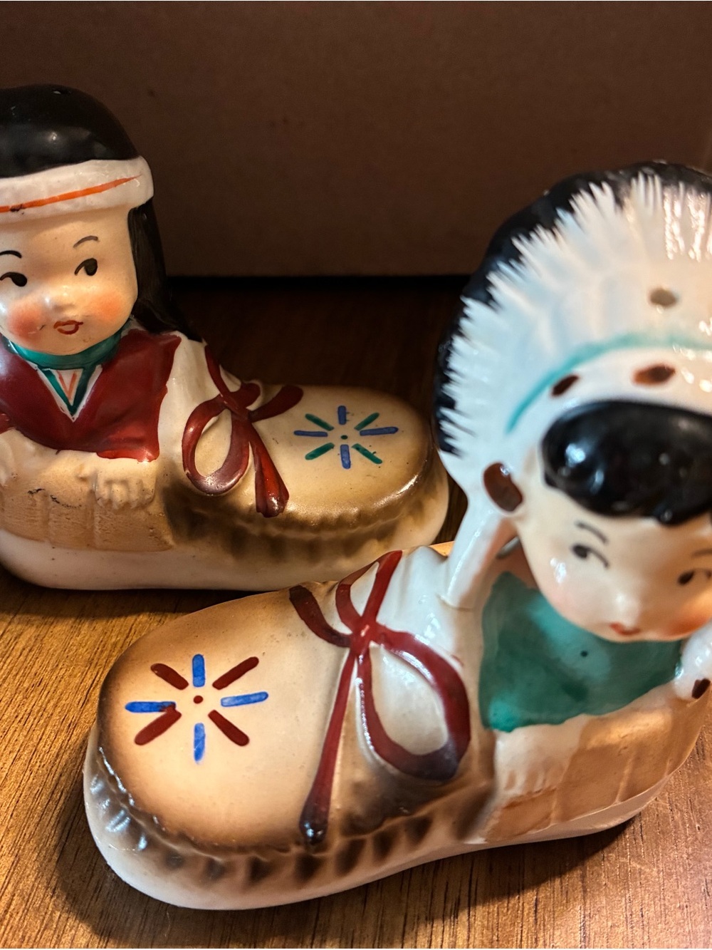 Vintage Ceramic Native-Inspired Boot Salt and Pepper Shakers - Cream & Brown